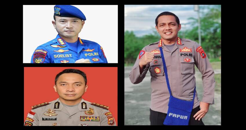 Kombes Pol.Soelistijono SIK.MH Dir Pol Air Polda Aceh (kiri-atas), Kombes Pol. Muhammad Aldian.SIK.MH Dir Pam Obvit Polda Kaltara (kiri-bawah), Kombes Pol. Raydian Kokrosono,SIK.MH Dir Lantas Polda Papua Barat (kanan).